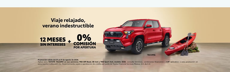 Red pickup truck advertisement with promotional offer: 12 months without interest and 0% commission. Vehicle displayed on tan background.
