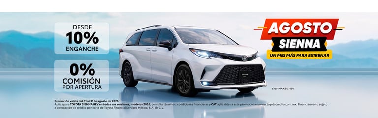 White Toyota Sienna displayed with financing offer: 10% down payment and 0% commission for August promotion