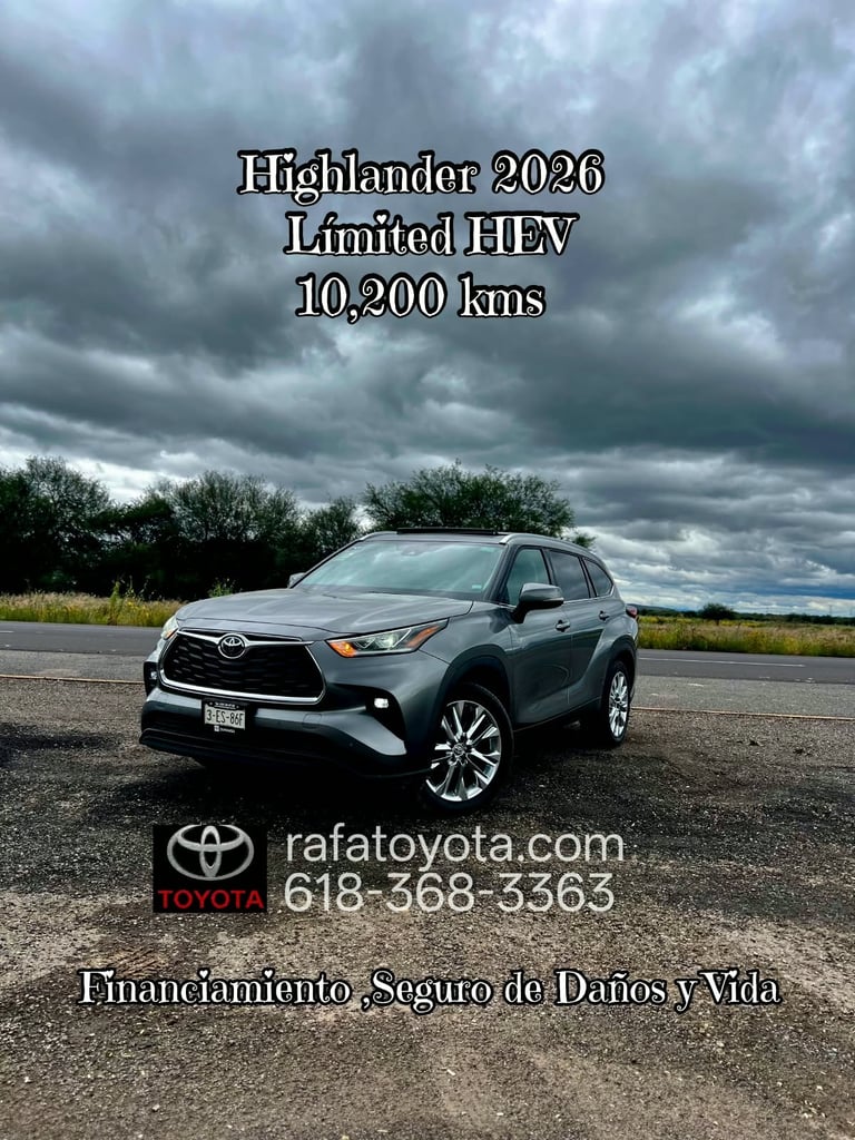 2026 Toyota Highlander Limited HEV with 10,200 km displayed on a road with stormy sky background