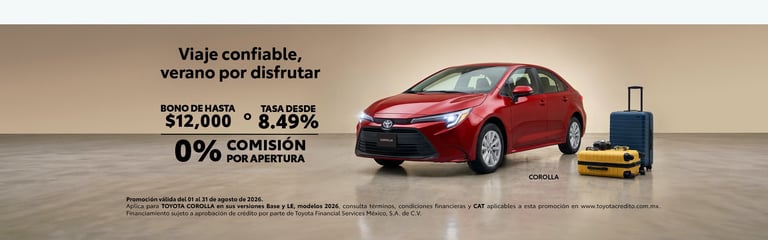 Red sedan car with luggage and suitcase, advertising travel financing offer with 0% commission and low monthly payments starting at $12,000