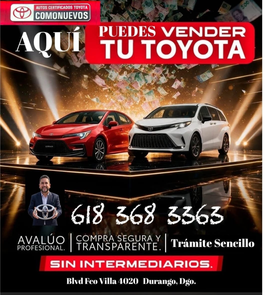 Promotional flyer for Toyota Comonuevos dealership offering to buy used Toyota vehicles with contact number 618 368 3363 in Durango